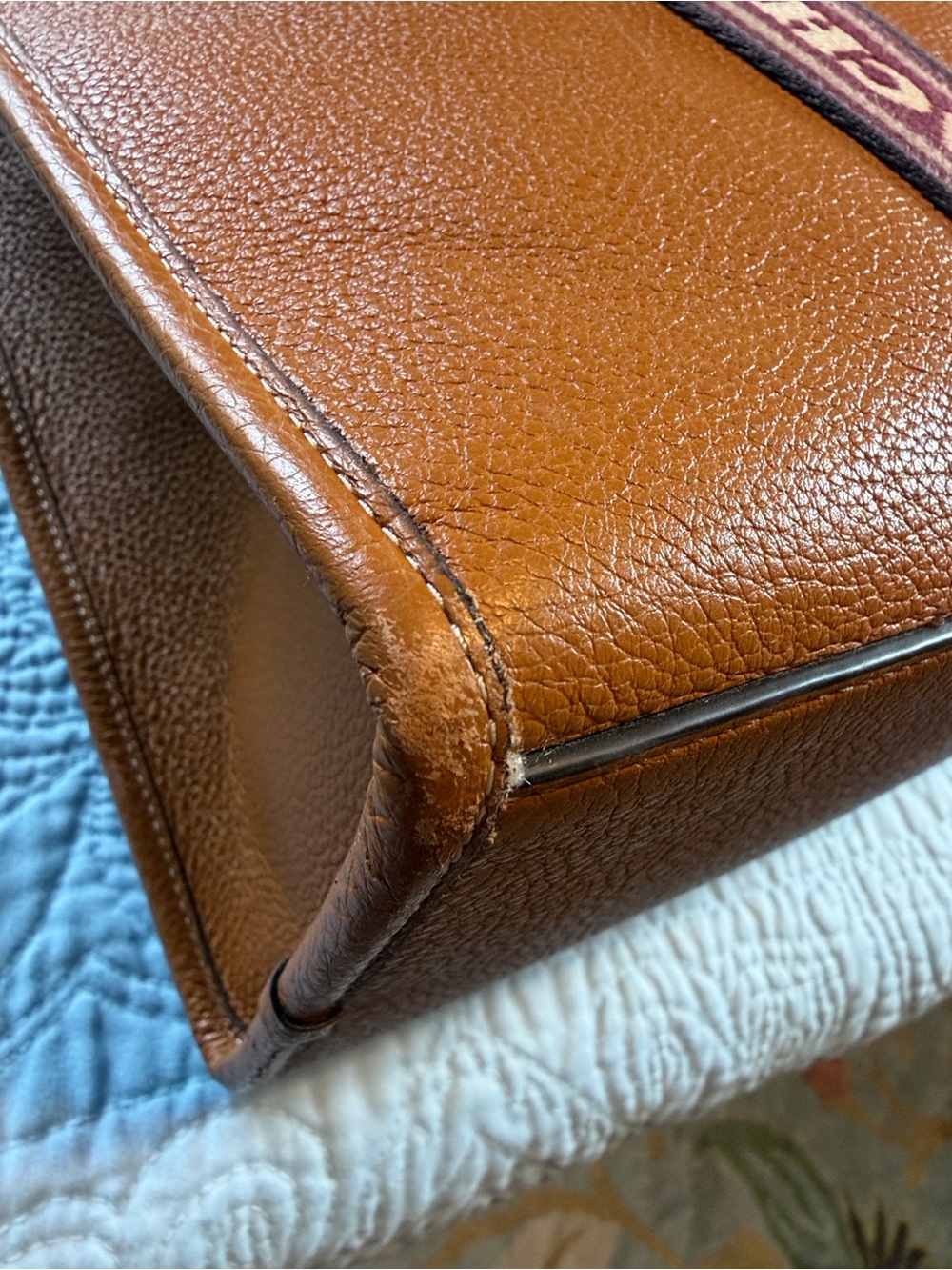 Coach Tan Pebbled Tote with Maroon Canvas Branded Strap - Picture 10 of 15